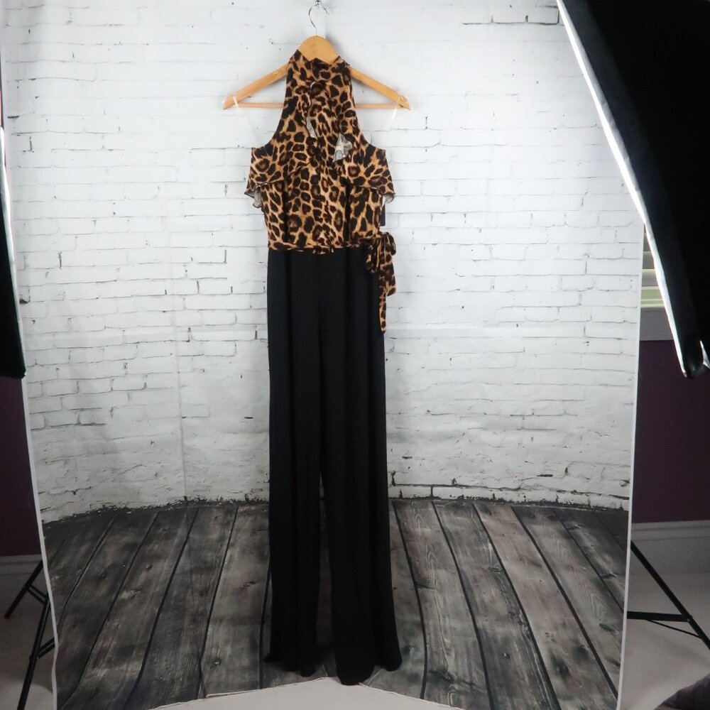 BEBE ANIMAL PRINT HIGH NECK RUFFLE HALTER WIDE LEG JUMPSUIT SIZE 8 NWT - Picture 2 of 10